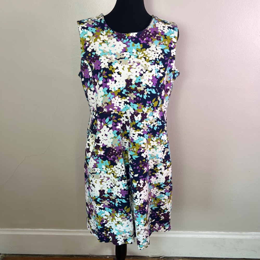 Lands End Floral Sheath Dress 16 Navy Multi Sleeveless Pockets Garden Party Chic